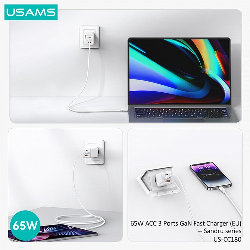 USAMS φορτιστής τοίχου US-CC180, USB & 2x USB-C, 65W PD, GaN, μαύρος CC180TC01