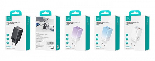 USAMS φορτιστής τοίχου US-CC180, USB & 2x USB-C, 65W PD, GaN, μαύρος CC180TC01