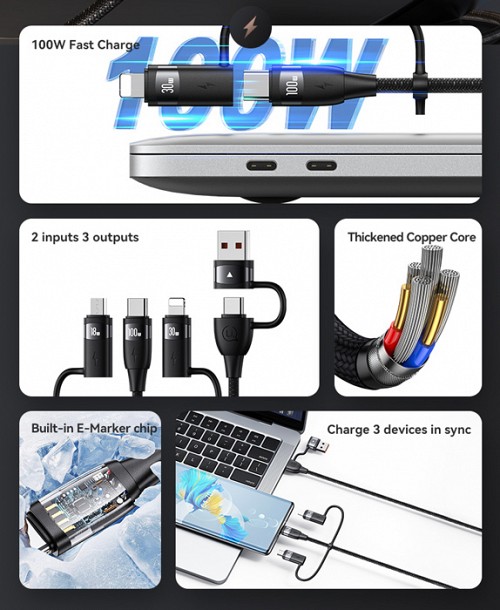 USAMS καλώδιο USB/USB-C σε 3 in 1 US-SJ646, PD 100W, 2m, μαύρο SJ646USB01