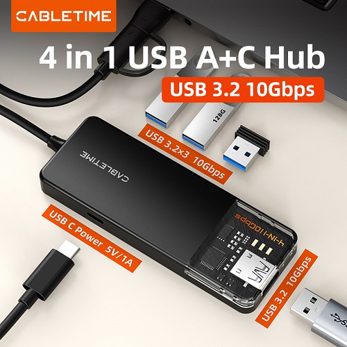 CABLETIME USB hub CT-HUBT5-PB, 4x , 10Gbps, USB/USB-C ,  CT-HUBT5-PB