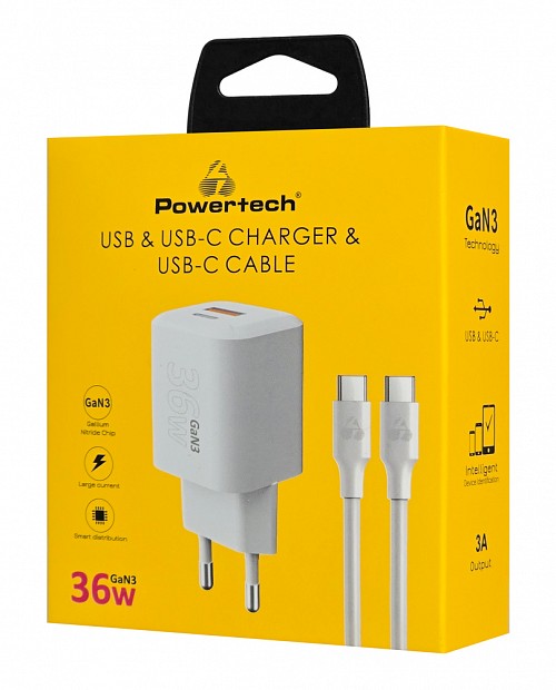 POWERTECH   PT-1351  , USB/USB-C, 36W, GaN,  PT-1351