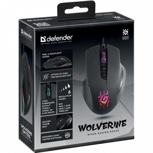 DEFENDER GM-700L WOLVERINE GAMING WIRED OPTICAL MOUSE RGB 7D 12800dpi