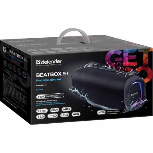 DEFENDER PORTABLE BLUETOOTH SPEAKER BEATBOX 80W black BT/IPX6/EQ/USB/TF/AUX