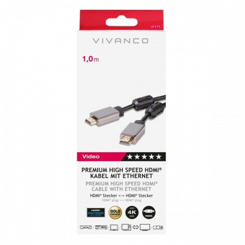 VIVANCO HDMI CABLE CERTIFIED HDMI to HDMI with ETHERNET GOLD PLATED 1m