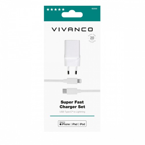 VIVANCO TRAVEL CHARGER MFI PD3.0 20W TYPE C PORT + LIGHTNING DATA CABLE white