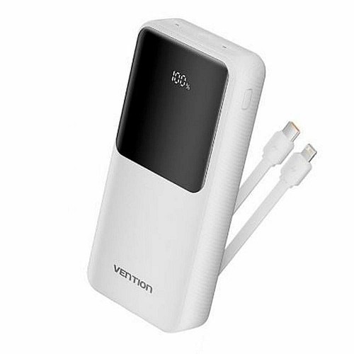 VENTION 20.000mAh Power Bank (Micro-USB + USB-C + USB-A + USB-A) with Built-In Type-C and Lightning Cables 22.5W White Led Display Type (FHPW0) (VENFHPW0)