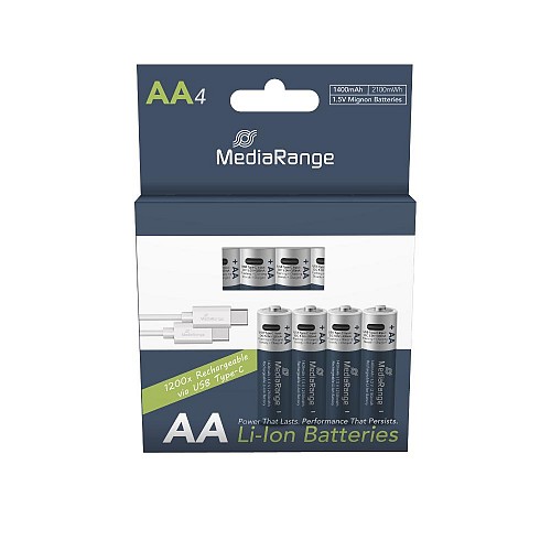 MediaRange Rechargeable USB-C Li-Ion Batteries, Mignon AA I 1.5V I 1.400mAh, 4-Pack (MRBAT161)