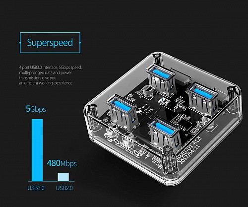 ORICO USB hub MH4U-U3, 4x θυρών, 5Gbps, διάφανο MH4U-U3-10-CR-BP