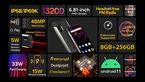 ULEFONE smartphone Power Armor 13, 6.81, 8/256GB, 13200mAh, IP68/IP69K, μαύρο ARMOR13-BK