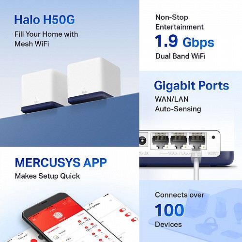 MERCUSYS Mesh Wi-Fi System Halo H50G, 1.9Gbps Dual Band, 2, Ver. 1.0 HALO-H50G-2PACK