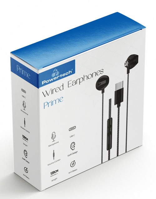 POWERTECH earphones με μικρόφωνο Prime, USB-C σύνδεση, 1.2m, μαύρα PT-1032