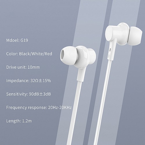 CELEBRAT earphones με μικρόφωνο G19, 3.5mm σύνδεση, Φ10mm, 1.2m, λευκά CL-G19-WH