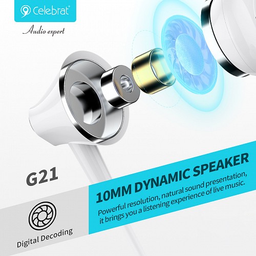 CELEBRAT earphones με μικρόφωνο G21, 3.5mm σύνδεση, Φ12mm, 1.2m, λευκά G21-WH