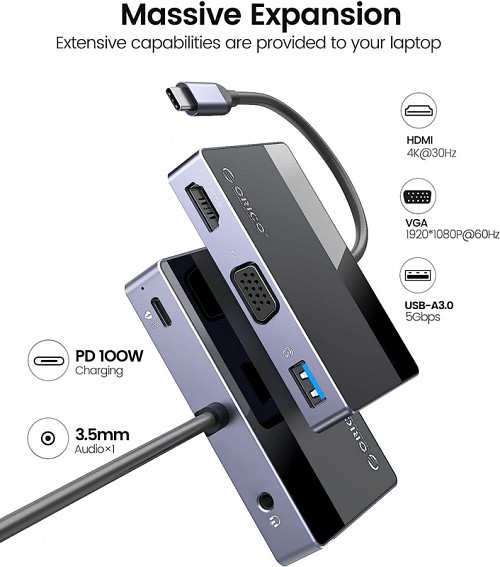 ORICO docking station DM-5P, 5 θυρών, USB-C σύνδεση, 100W PD, 4K, μαύρο DM-5P-BK-BP