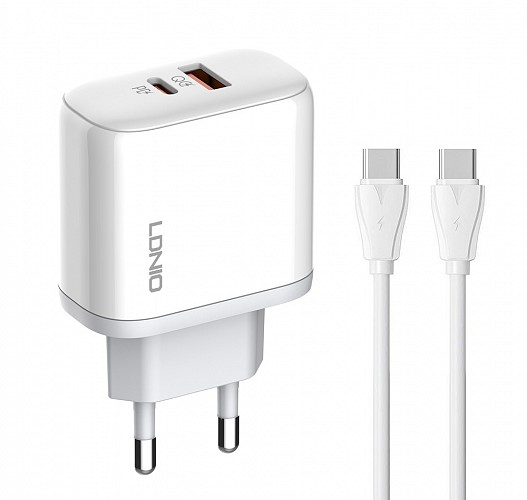 LDNIO φορτιστής τοίχου A2526C με καλώδιο, USB & USB-C, 45W PD, λευκός 6933138600245