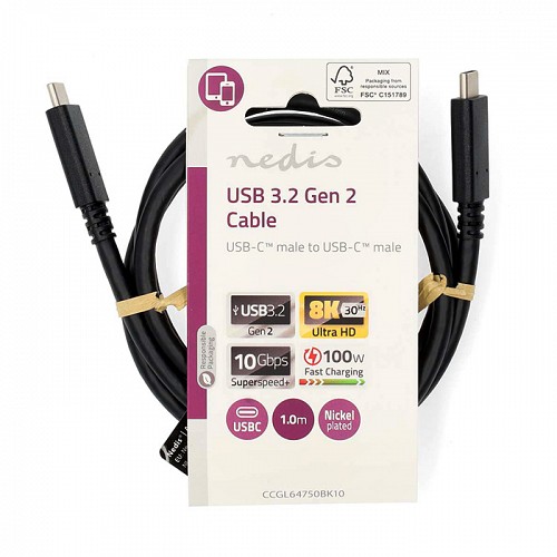 Καλώδιο USB 3.2 Gen 2x1 Type-C αρσ. - USB Type-C αρσ., 1.00m σε μαύρο χρώμα NEDIS CCGL64750BK10