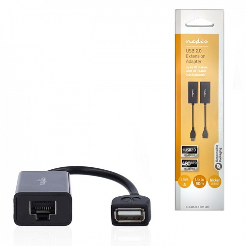 Σετ καλωδίων προέκτασης USB A αρσ. - 1x RJ45 θηλ. & USB A θηλ. - 1x RJ45 θηλ. σε UTP θηλ., με ενίσχυση σήματος έως 50m NEDIS CCGB61EXTBK500