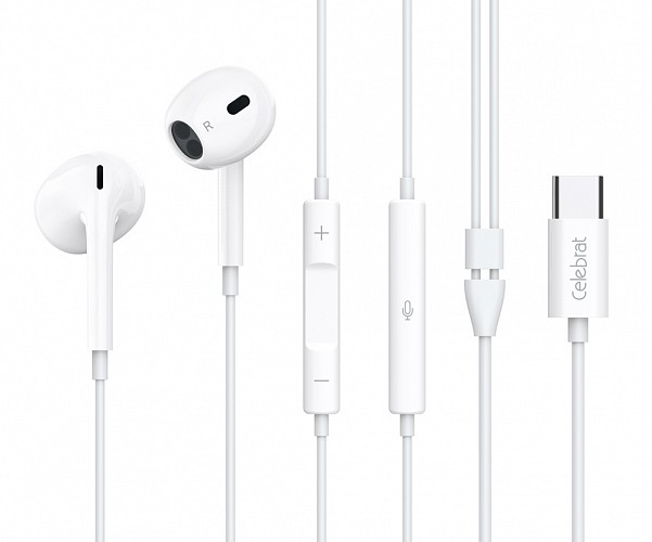 CELEBRAT earphones με μικρόφωνο E400, USB-C σύνδεση, Φ14mm, 1.2m, λευκά E400-WH