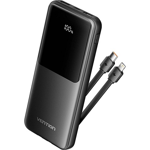 VENTION 10.000mAh Power Bank (Micro-USB + USB-C + USB-A + USB-A) with Built-In Type-C and Lightning Cables 22.5W Black Led Display Type (FHOB0) (VENFHOB0)