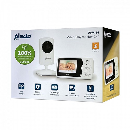 Full Eco Ασύρματη ενδοεπικοινωνία (baby monitor), τεχνολογίας FHSS 2.4GHz με δυνατότητα αμφίδρομης επικοινωνίας, κάμερα και έγχρωμη οθόνη 2.4 σε λευκό χρώμα ALECTO DVM-64