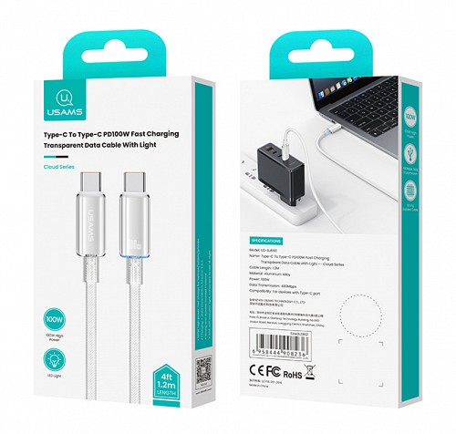 USAMS καλώδιο USB-C σε USB-C US-SJ660, 100W, 480Mbps, 1.2m, λευκό SJ660USB02