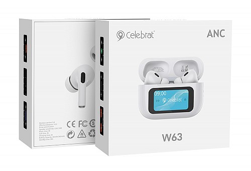 CELEBRAT earphones με θήκη φόρτισης W63, οθόνη αφής, TWS, ANC, 13mm, 30/360mAh, λευκό W63