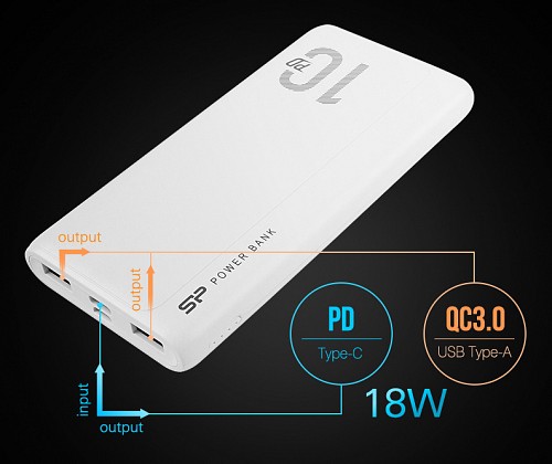 SILICON POWER power bank QP15, 10000mAh, 2x USB & USB Type-C, 3A,  SP10KMAPBKQP150W