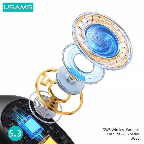 USAMS earphones με θήκη φόρτισης UG26, OWS, Φ14.2mm, 50/300mAh, μαύρα BHUUG01