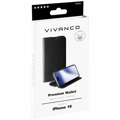 VIVANCO PREMIUM WALLET BOOK CASE IPHONE 15 black